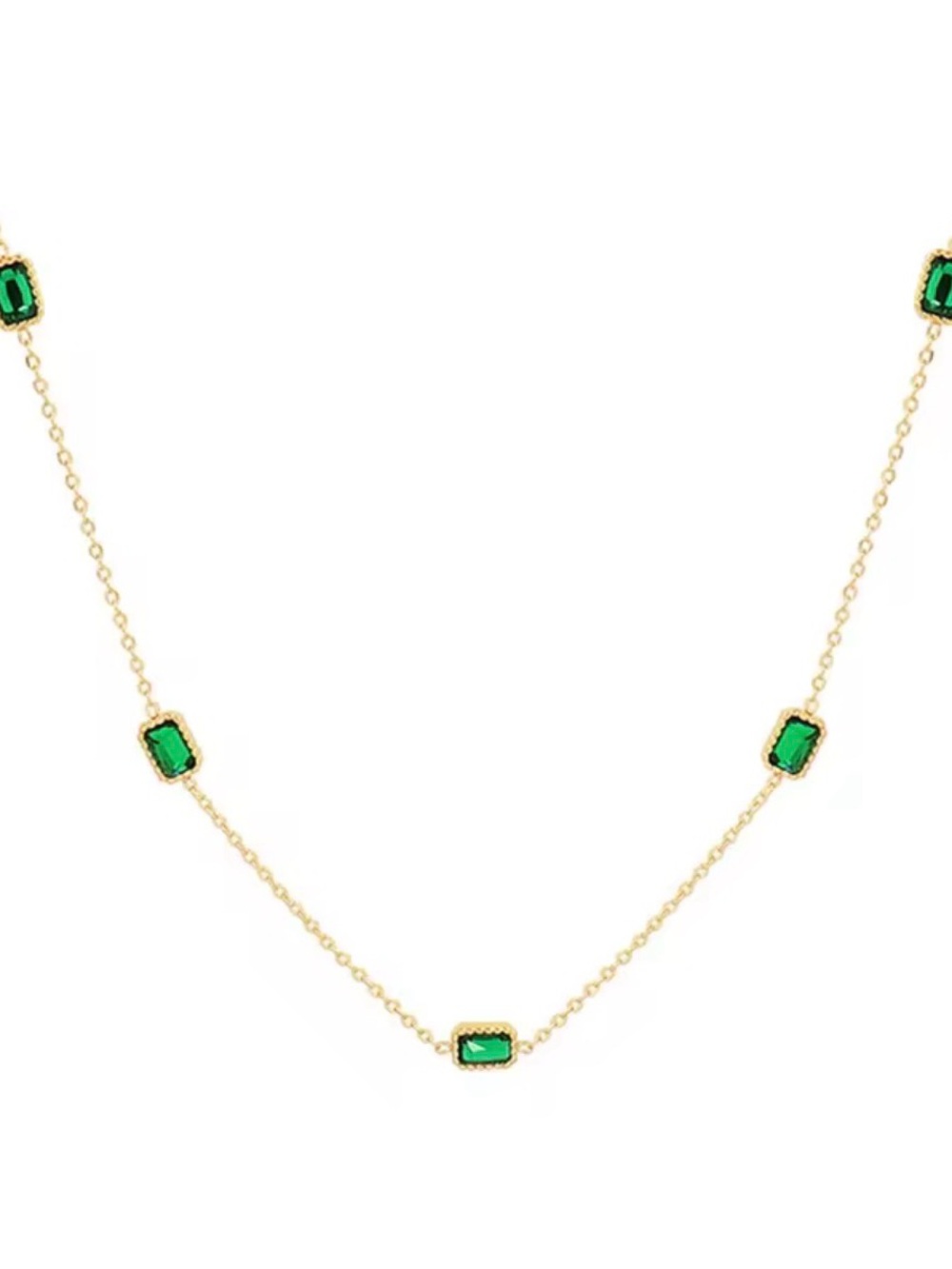 Fine 14k Gold Chain Necklace Green Austrian Crystal Emerald Cut Stones